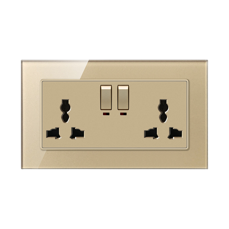 Tempered Glass Switch F71B-Double Universal 3 Pin Socket With Switch With Indicator Light-GOLD